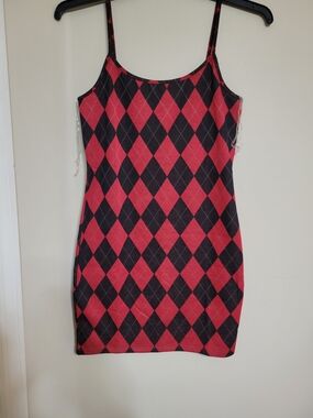 Derek Heart Red and Black Argyle Mini Slip Dress